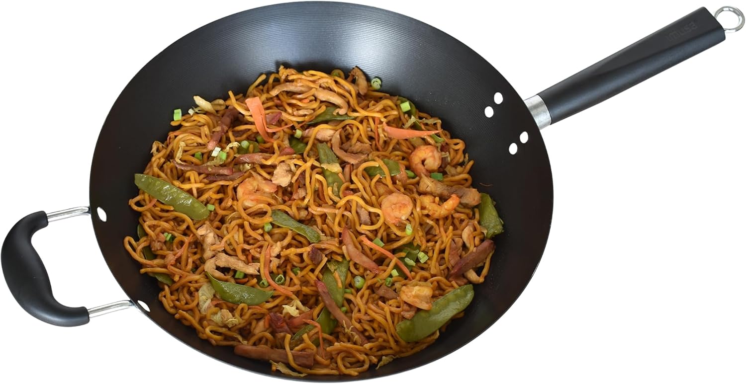 IMUSA 9.5 Inch Carbon Steel Nonstick Wok with Cool-touch Handle, Black | Cool-Touch Handle, Ideal for Stir Fry, Great for Everyday Meals
