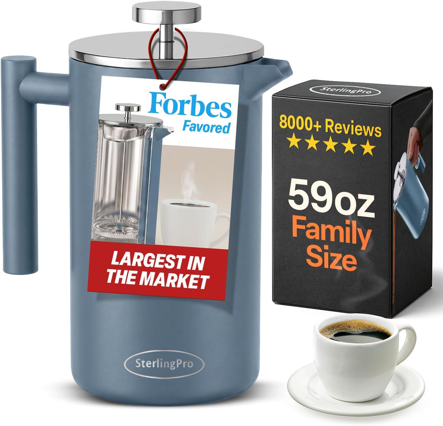 SterlingPro Large Insulated Stainless Steel French Press Coffee Maker 51oz Capacity (44 oz Brew Yield) – Double Wall Metal Coffee Press | Plastic Free | Cool-Touch | Mirror Finish | 12 Cups / 6 Mugs