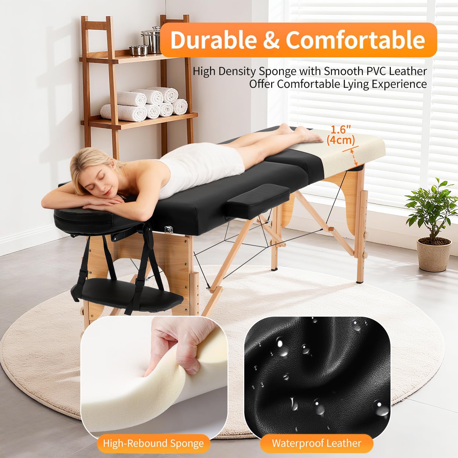 BestMassage | Portable Massage Table | 24" Wide, Black PU Leather | Lightweight, 2-Fold Massage Table with Height Adjustment, 450lbs Capacity, Carry Bag | For Massage, Facial, Tattoo, Home, Spa