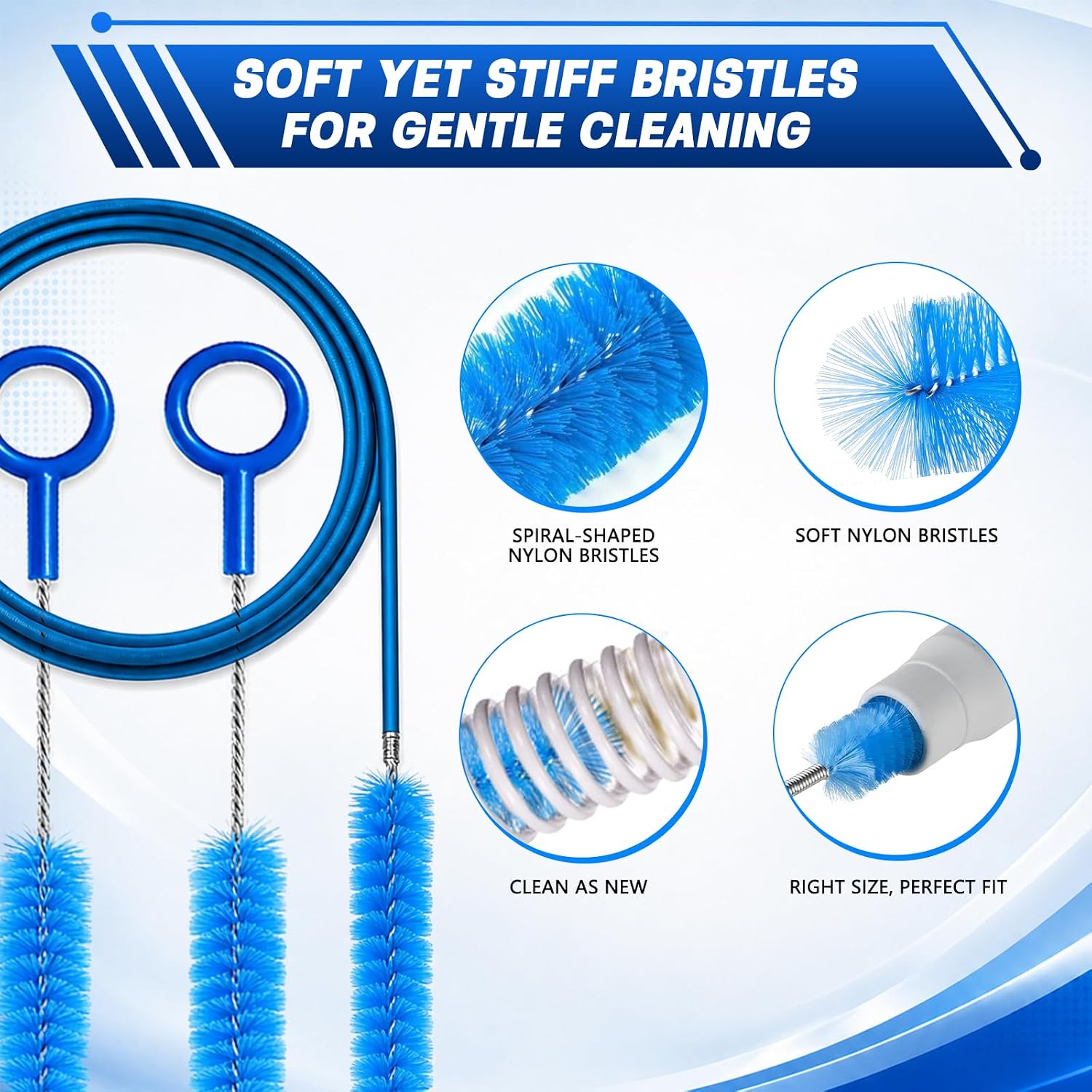 CPAP Hose Brush 7-Foot Rubber-Wrapped Steel Wire CPAP Tube Cleaning Brush for Standard 22mm & 15mm Diameter Tubes, with 2 Detail Brushes for Mask