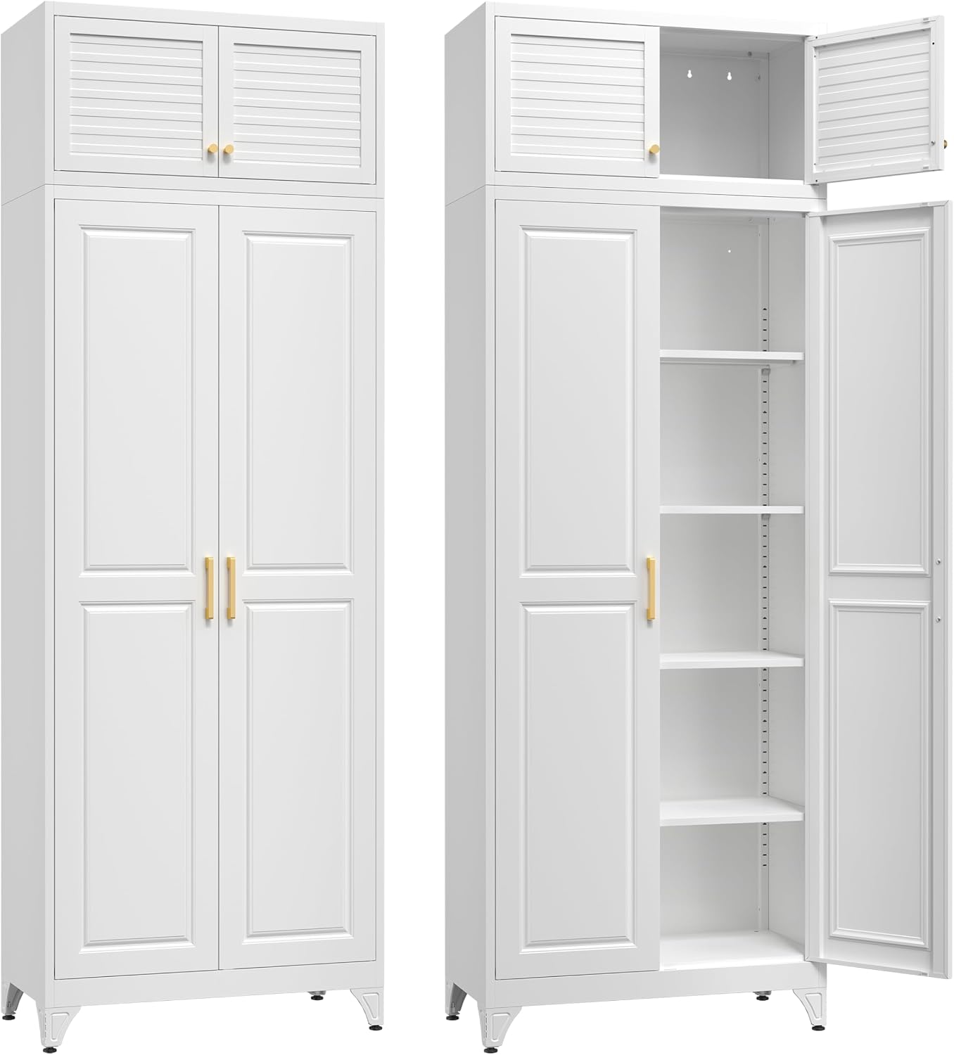 Steeloong 71"Metal Pantry Storage Cabinet with Doors & 4 Adjustable Shelves | Kitchen Pantry Cabinet,White Kitchen Cabinet with 2 Gold Handles,Tall Cabinet for Livingroom,Pantry, Bathroom,Kitchen