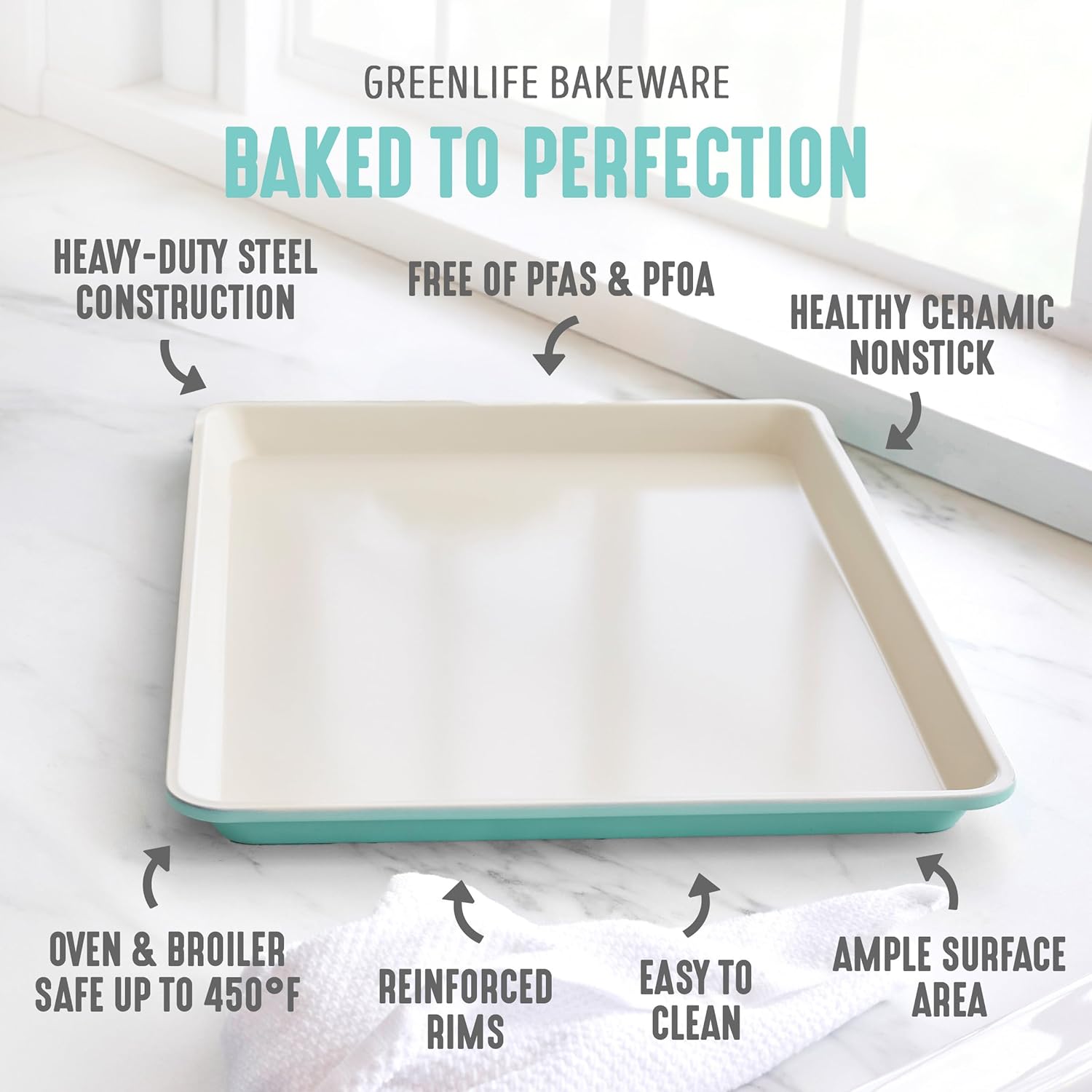 GreenLife 13" x 9" Quarter Sheet Baking Pans, 2 Piece Bakeware Set, PFAS-Free Ceramic Nonstick Rectangular Cookie Trays, Oven Safe to 450°F