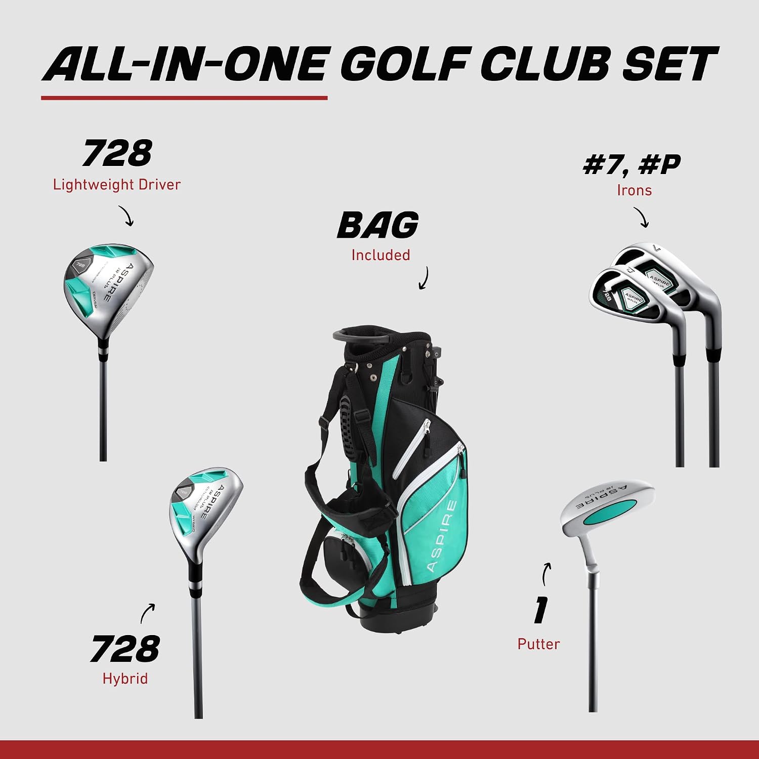 Aspire Junior Plus - Kids Complete Golf Club Set | Aircraft-Grade Aluminum, 15% Larger Clubhead, 7 Iron & Pitching Wedge, Progressive Flex Shafts, Rain Hood, 2 Headcovers