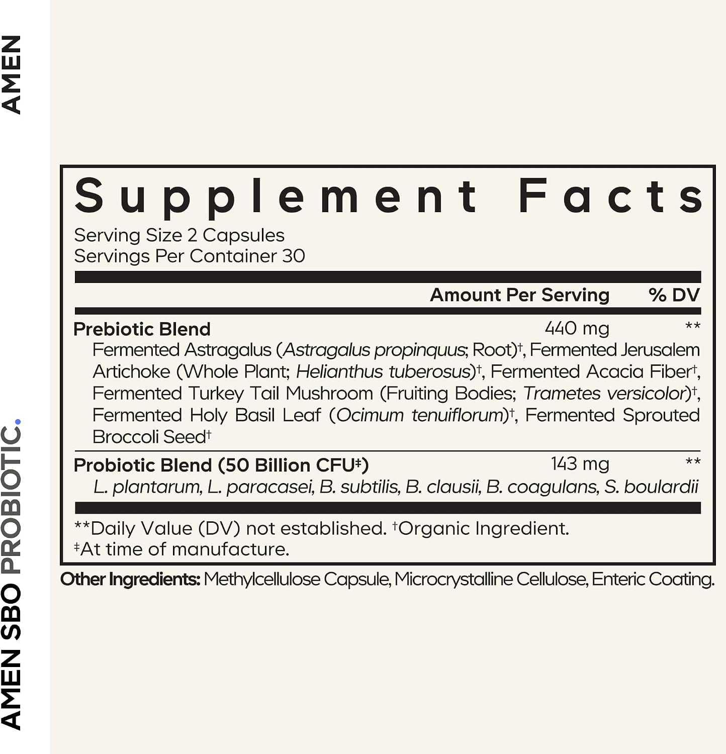 Amen SBO Probiotics Supplement, 50 Billion CFU, Prebiotics, 60 Capsules | Soil-based probiotic 50 billion CFU with prebiotics blend, sprouted broccoli