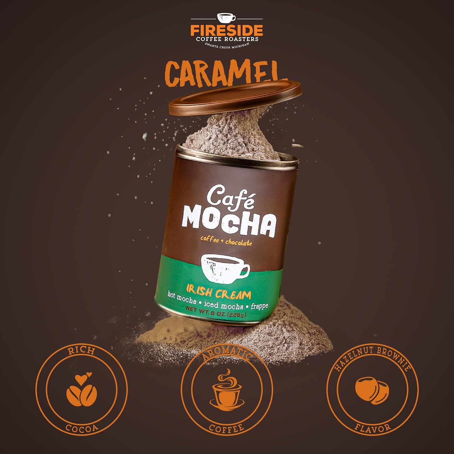 Fireside Coffee Irish Cream Cafe Mocha - Premium Instant Coffee Chocolate Blend - Versatile Caffeinated Drink Mix for Hot, Iced, Milkshake, and Mocha Frappe Mix, Only Add Water and Enjoy, 8 Ounces