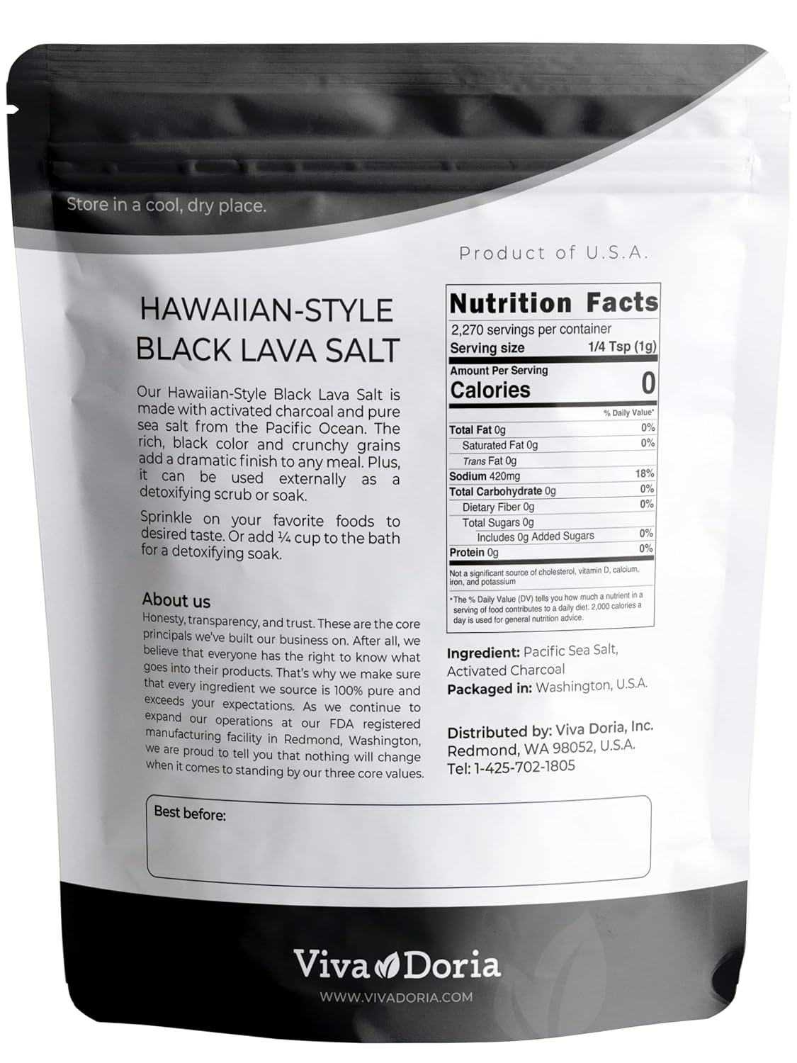 Viva Doria Hawaiian Black Lava Sea Salt, Fine Grain, Lava Salt, 2 lb (907 g)