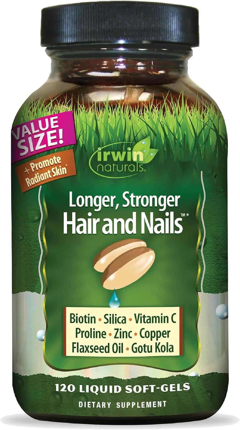 Irwin Naturals Longer, Stronger Hair and Nails - 120 Liquid Softgels - Promotes Vibrant Shine Texture & Strength - 60 Total Servings | Support Shine, Texture, Hair & Nail Strength | Biotin + Horsetail Silica | Connective Tissue Support | 120 Soft-Gels