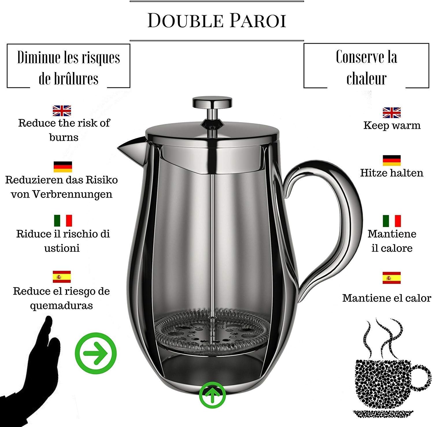 VeoHome - 0.75 litre plunger - Unbreakable and keeps the coffee hot for a long time thanks to its double stainless steel shell