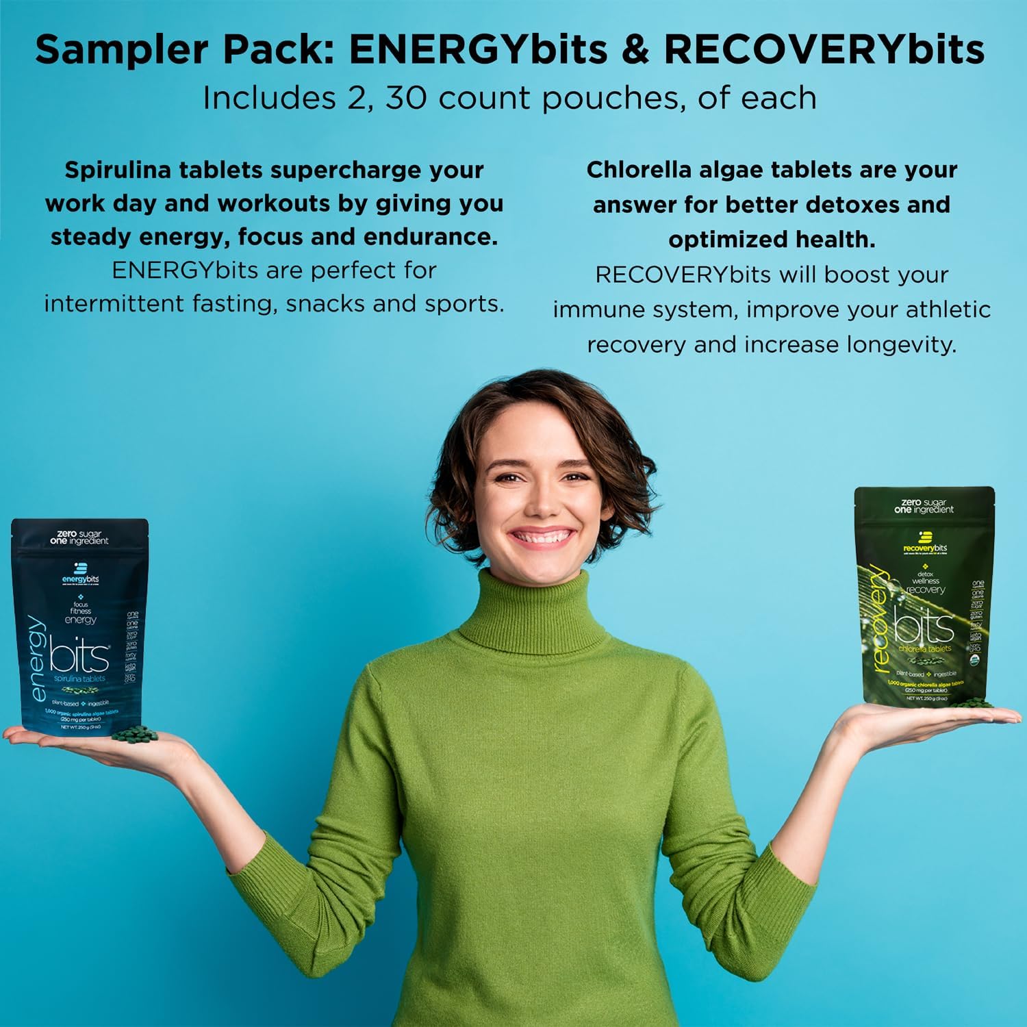 ENERGYbits/RECOVERYbits - Organic Spirulina & Chlorella Tablets - Single Serving Sample Packs - Algae Superfood - High Protein