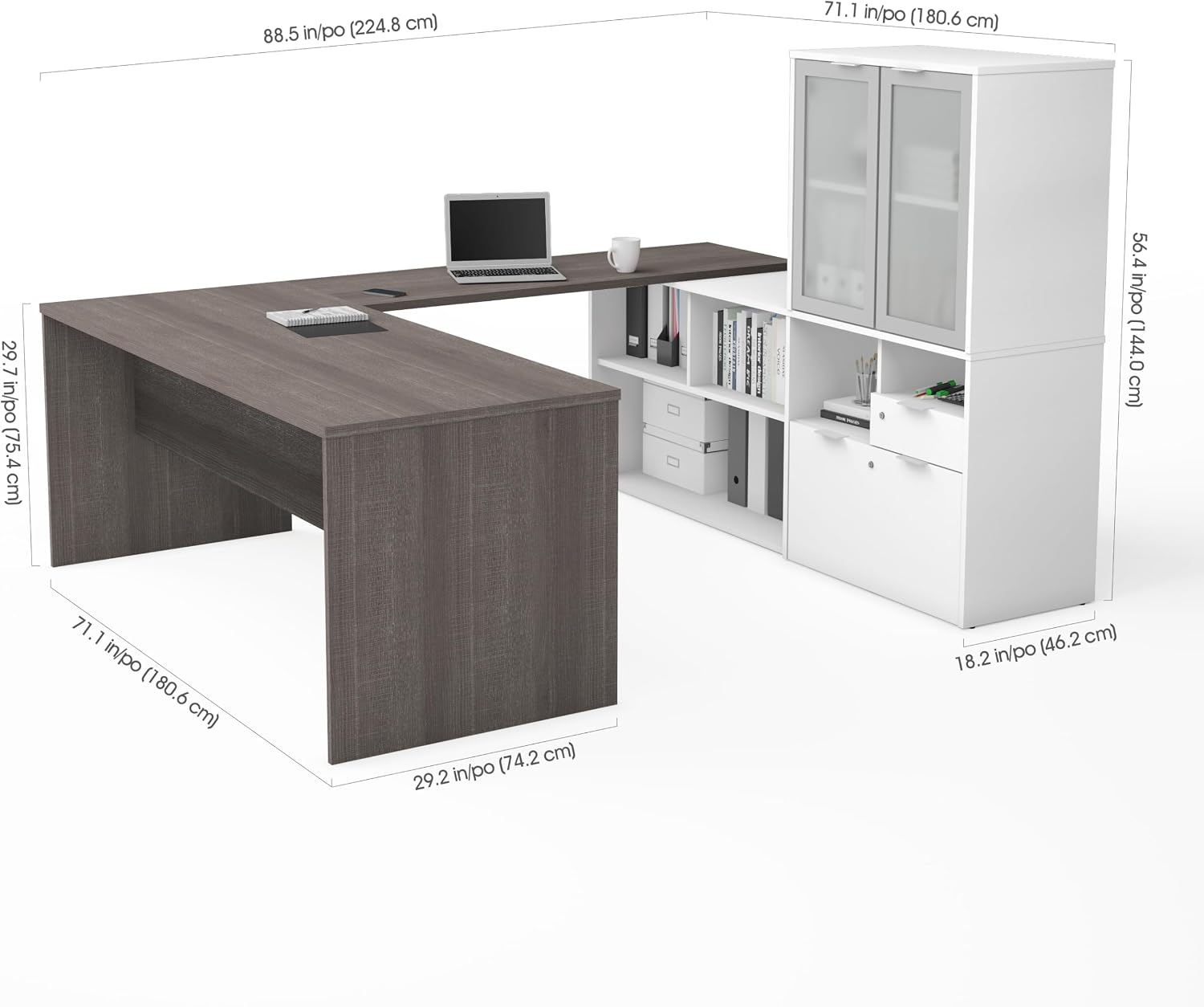 Bestar i3 Plus 72W U-Shaped Executive Desk with Frosted Glass Doors Hutch in bark Grey