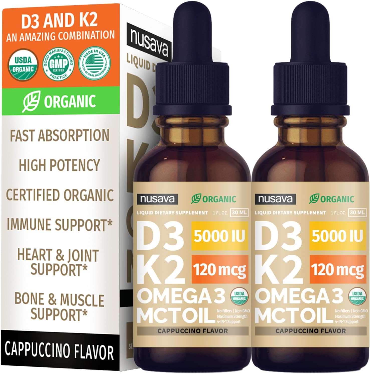 Nusava Organic Vitamin D3 K2 Drops with MCT Oil, Unflavored, Pack of 2