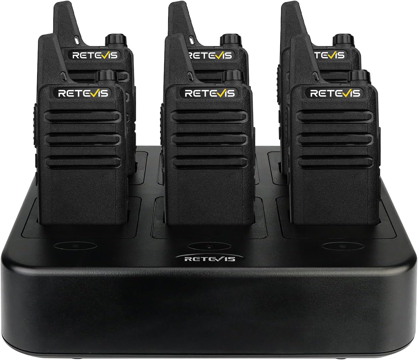 Retevis RT22 Commercial FRS Walkie Talkies Rechargeable Long Range (6 Pack) | Slim & Lightweight 2 Way Radio, For K-12 & Retail, Comfortable for All-Day Wear, Loud & Clear Audio, Charge 6 Radios At Once