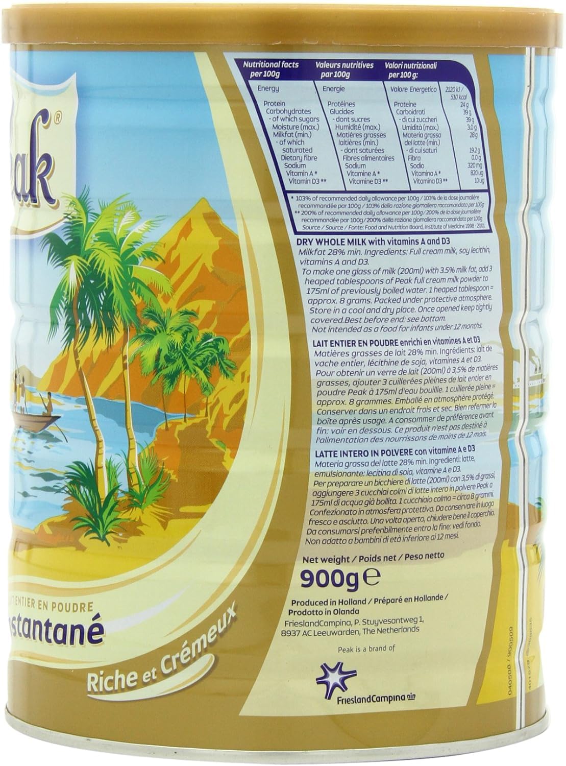 Peak Whole Milk Powder, 2 Pound (900g) Can - European Milk from Holland, rBST Free, Full Rich Flavor, Dissolves Instantly, Long Shelf Life