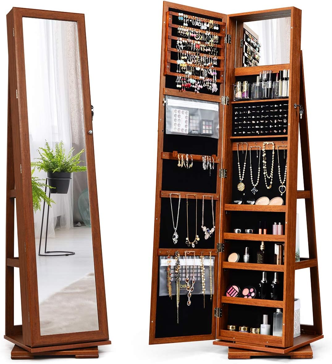 CHARMAID 360° Swivel Jewelry Armoire with Higher Full Length Mirror, Standing Lockable Jewelry Cabinet Organizer with Large Storage Capacity
