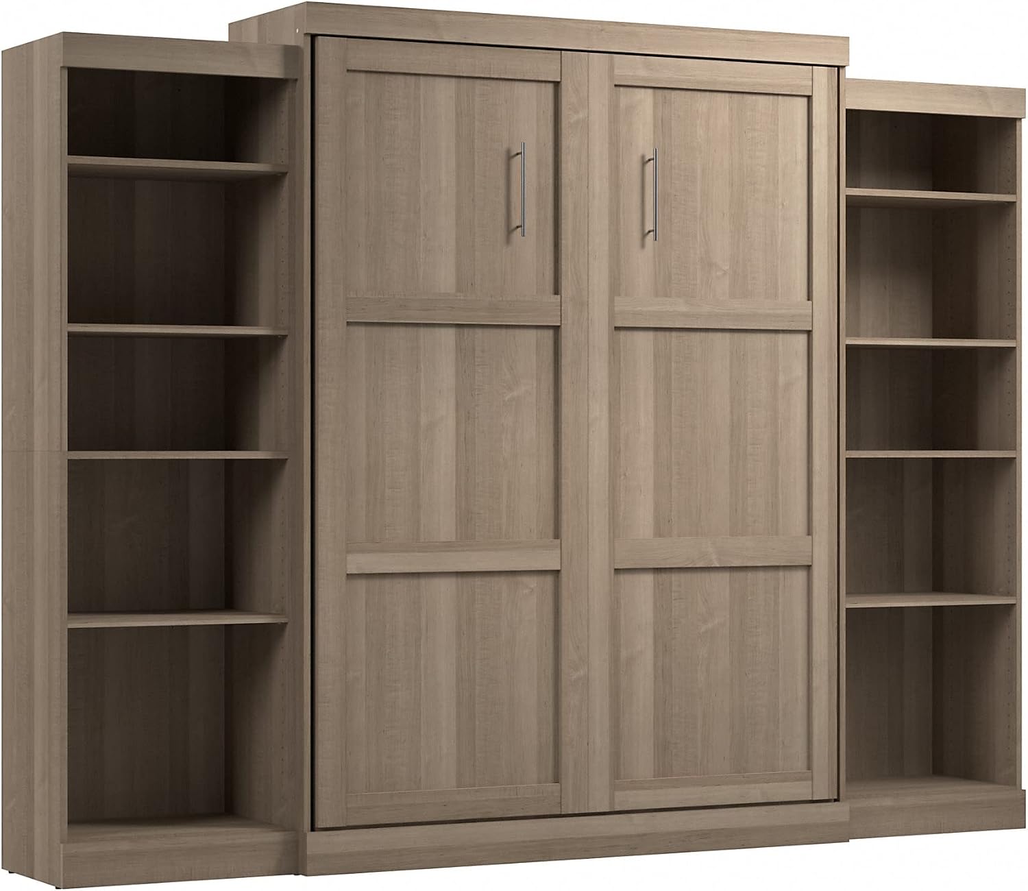 Bestar Pur Full Murphy Bed and 2 Shelving Units with Drawers, 109-inch Space-Saving Sleeping Arrangement in White | 2 Shelving Units with Drawers; supports up to 1000 lb; min. ceiling height 86.4 in.; dual piston mechanism; 10-year warranty