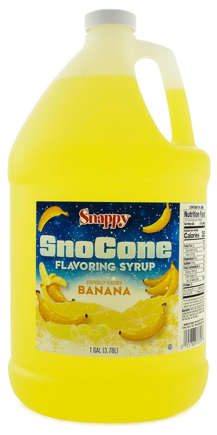 Snappy Banana Sno Cone Syrup, 1 Gallon 4 Pack, Ready to Use for Snow Cone Machines and Shaved Ice