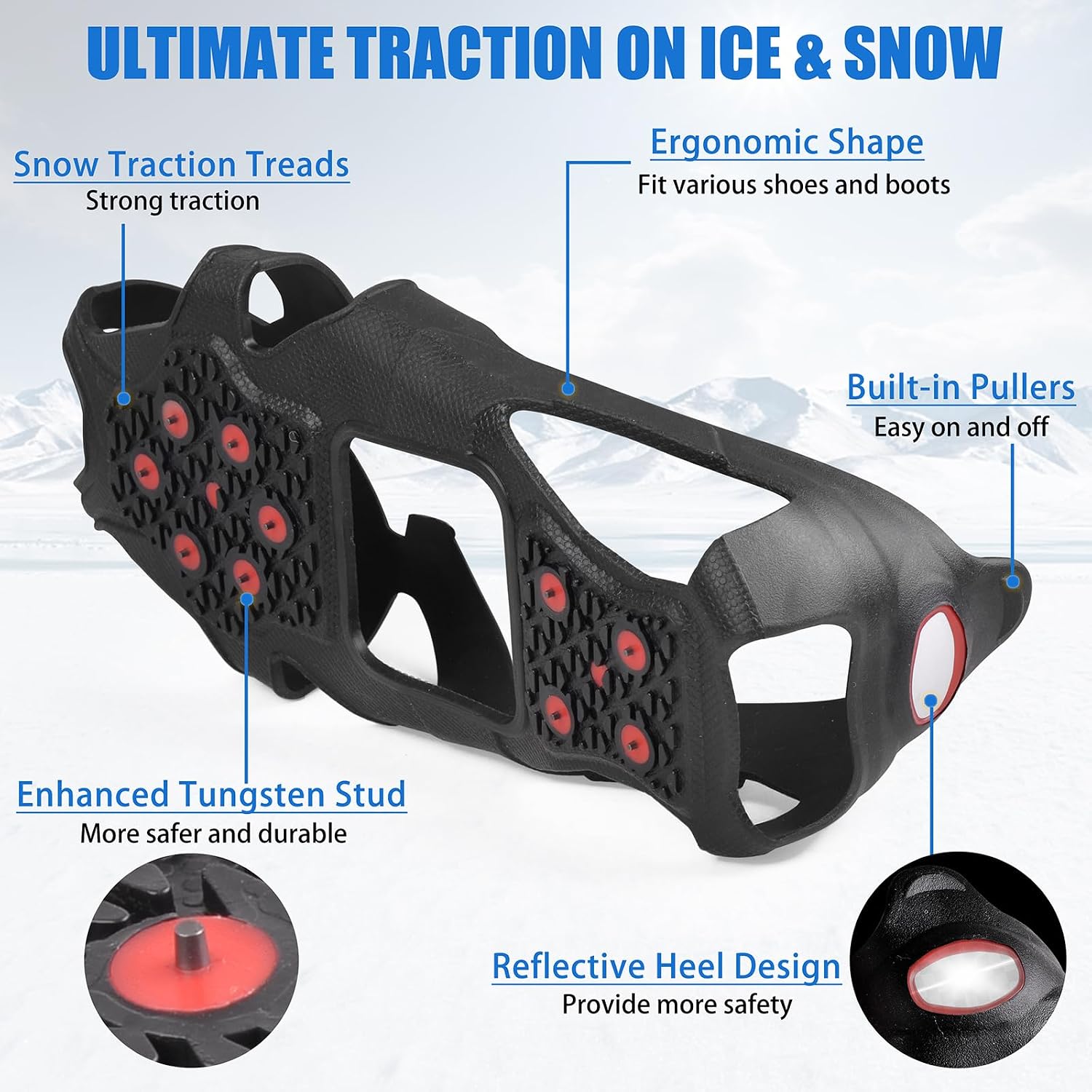 Ice Cleats Tungsten Crampons, Anti Slip Shoes Grippers with Reflective Heel, Ice Snow Cleats for Shoes and Boots Men Women Slip-on Overshoes Stretch Footwear