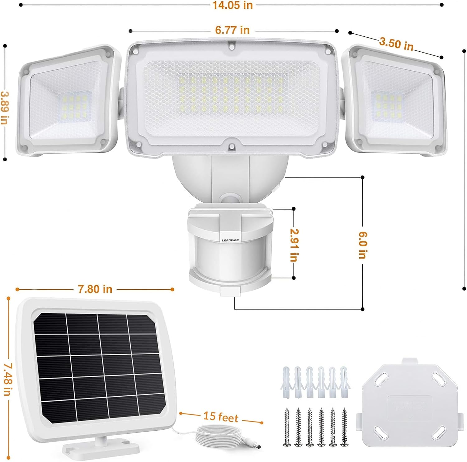 LEPOWER Solar LED Security Lights, PIR Motion Sensor Outdoor, 1600LM, Yard | 5500K Daylight, 72FT180° Motion Sensor Flood Light, 3 Adjustable Head, Easy Install, IP65 Waterproof for Porch, Patio, Garage