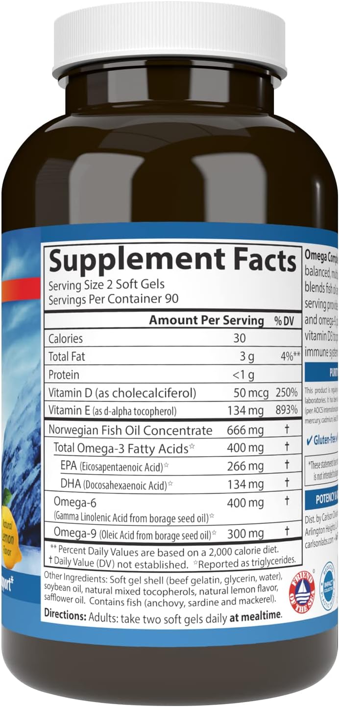 Carlson Elite Omega-3 Gems, 1600 mg, from Norway, Lemon, 90 + 30 Softgels | Omega-3 Fatty Acids Including EPA and DHA; Wild-Caught Fish Oil Supplement; Sustainably Sourced Omega 3 Fish Oil Capsules