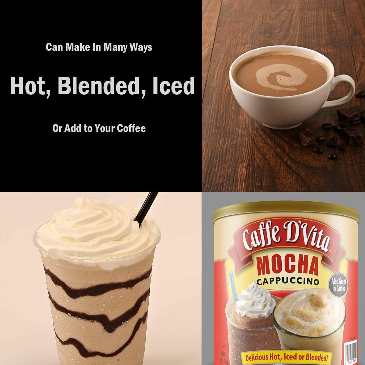 Caffe D'Vita Mocha Cappuccino Mix - 4 lb can (64 oz.) | Instant Cappuccino Mix, Gluten Free, No Cholesterol or Trans Fat, 99% Caffeine Free, Mocha