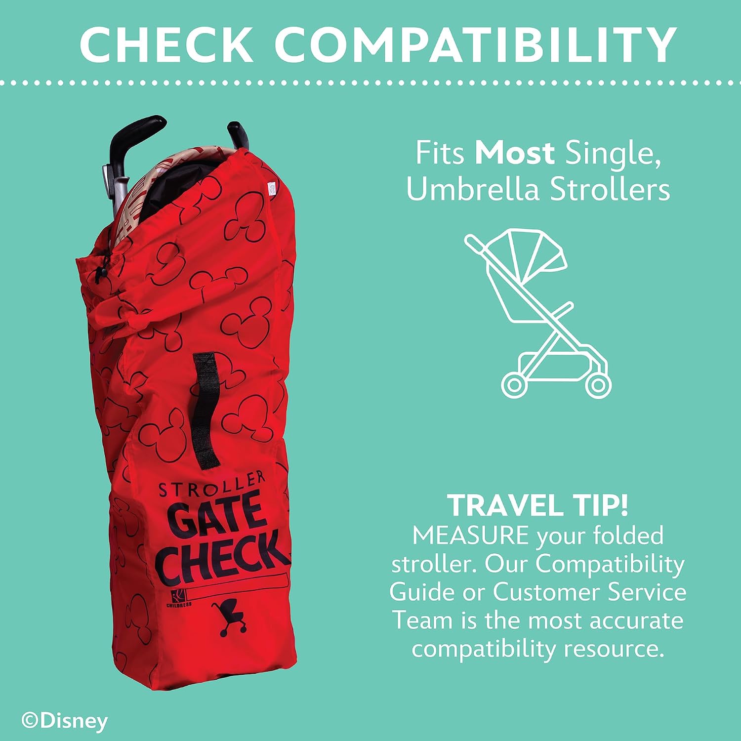 J.L. Childress Gate Check Bag for Umbrella Strollers - Travel Bag for Airplane, Fits Most Single Umbrella Baby Strollers, Airport Accessories for Gate Check, Flying Essentials - Red
