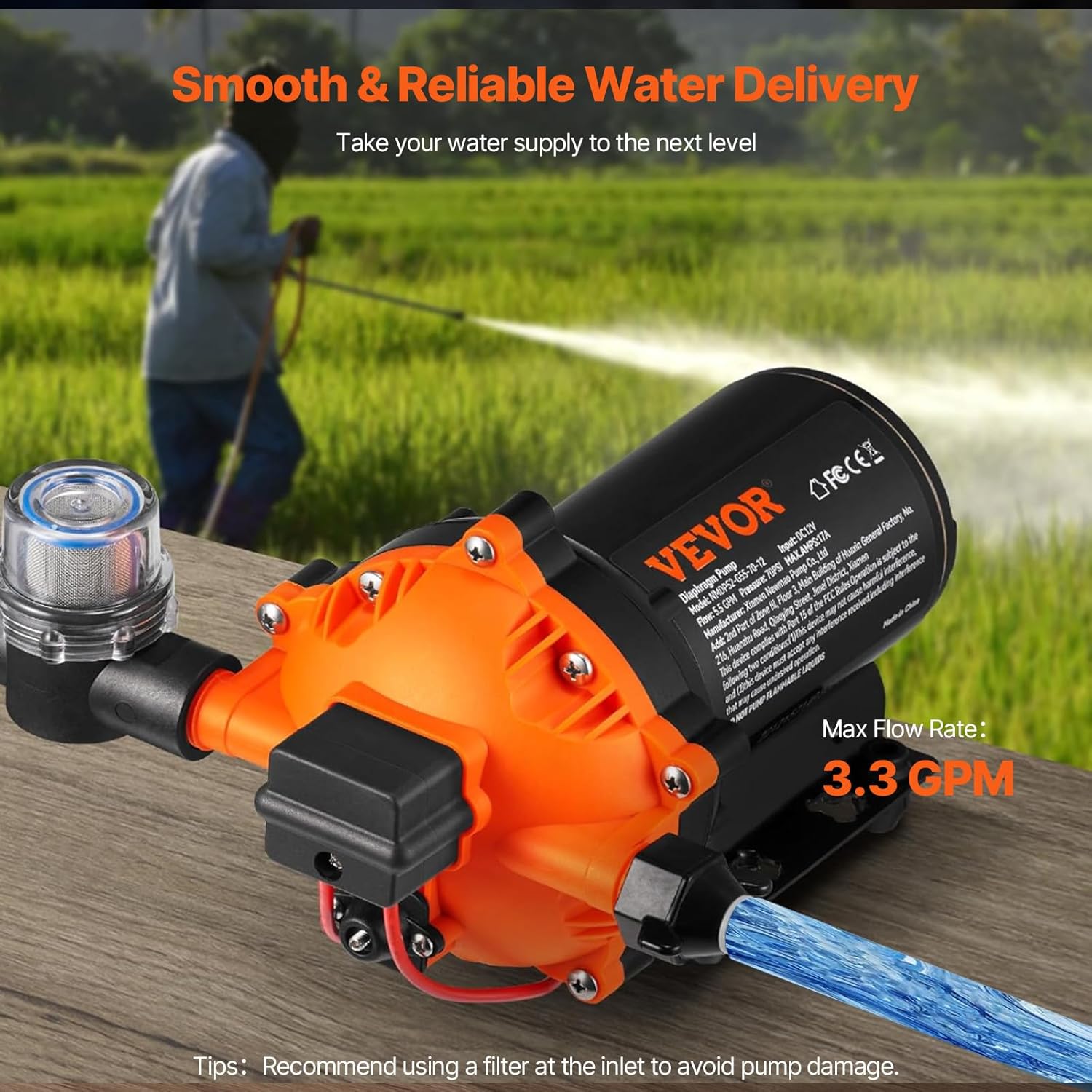 VEVOR Water Pressure Diaphragm Pump, RV Water Pump, Fresh Water Pump110V AC, 3.3 GPM, Pressure Adjustable