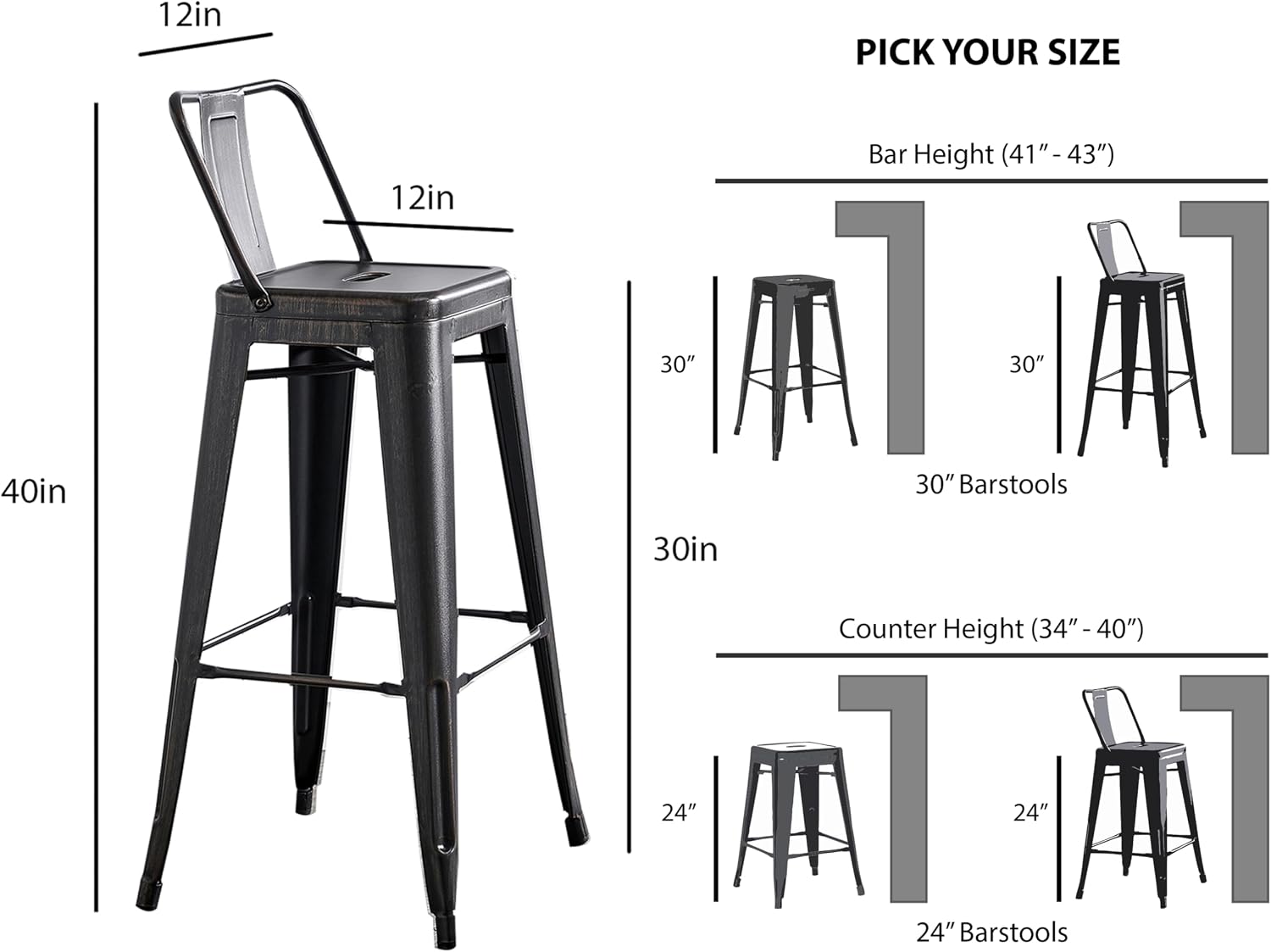 AC Pacific 30” Metal Barstool Set of 2 – Country Rustic Style with Low Back, Lightweight & Sturdy Build, Easy Assembly – Matte Black