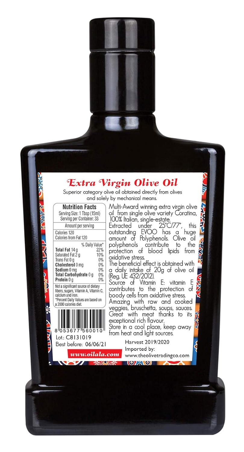 Oilala Extra Virgin Olive Oil, Coratina, High Polyphenols 765 mg/kg, High Hydroxytyrosol, Great For phenolic Shot, Drinking, Oleocanthal Rich Robust, Puglia Italy, Italian family farm, Single Source, Gold Medal NYIOOC (16.9 FL Oz)