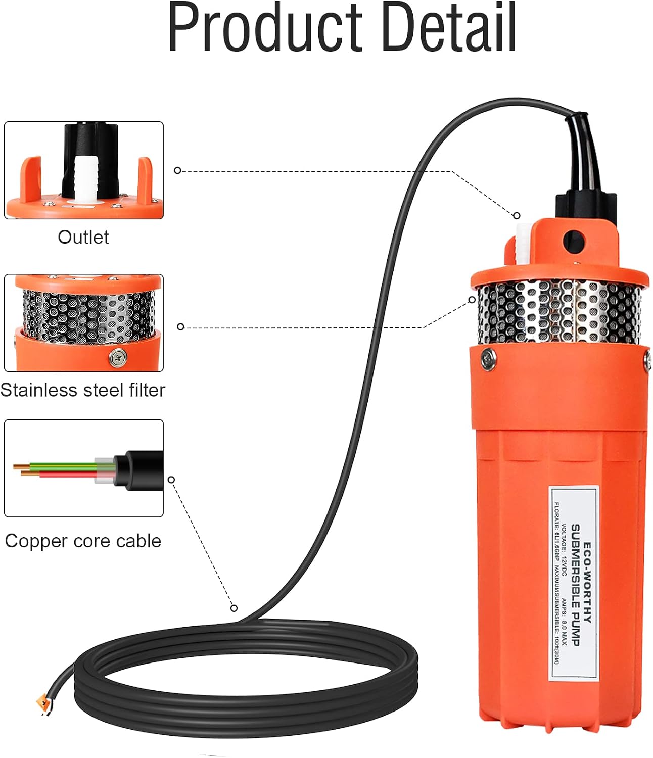 ECO-WORTHY 24V Submersible Deep Well Water Pump with 10ft Cable 1.6GPM 4'' 5A, Max Lift 230ft/70m, DC Pump/Alternative Energy Solar Battery Farm & Ranch Submersible Deep Well Pump