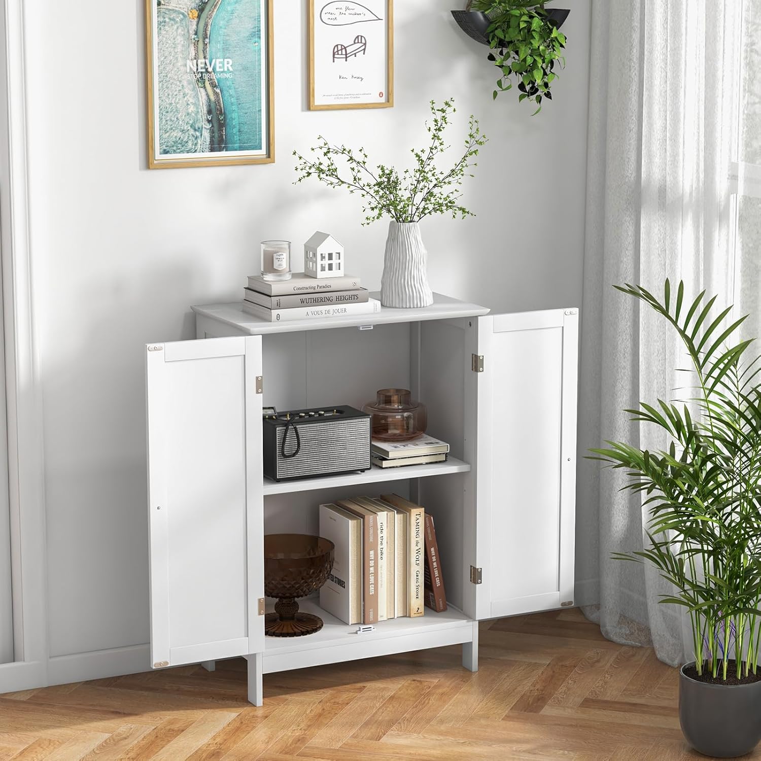GLACER Bathroom Floor Cabinet, Wooden Storage Cabinet (White)