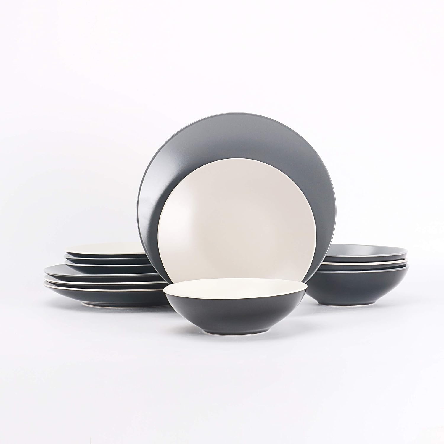 Stoneware Two-Tone Colors Life 16pc Dinner Set，Outside Shiny Black + Inside Matte Glaze Olive