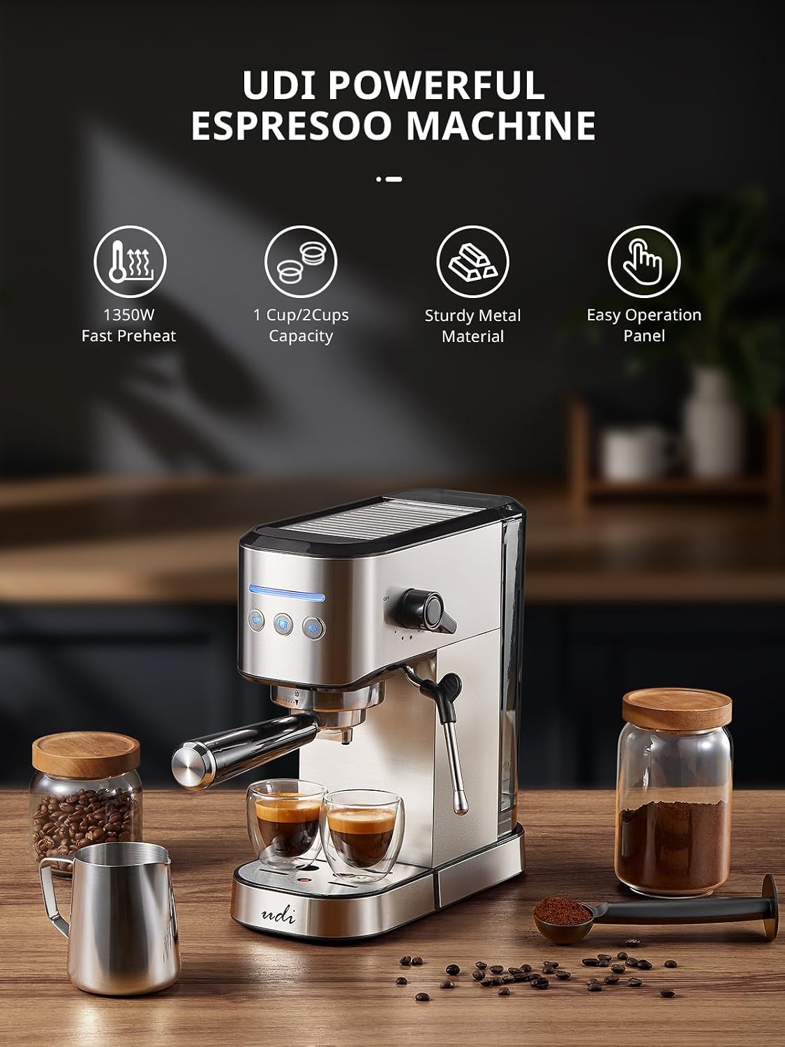 UDI Espresso Machine, 20 Bar High Pressure Professional Espresso Maker | with Milk Frother, Compact Stainless Steel Coffee Machine for Cappuccino