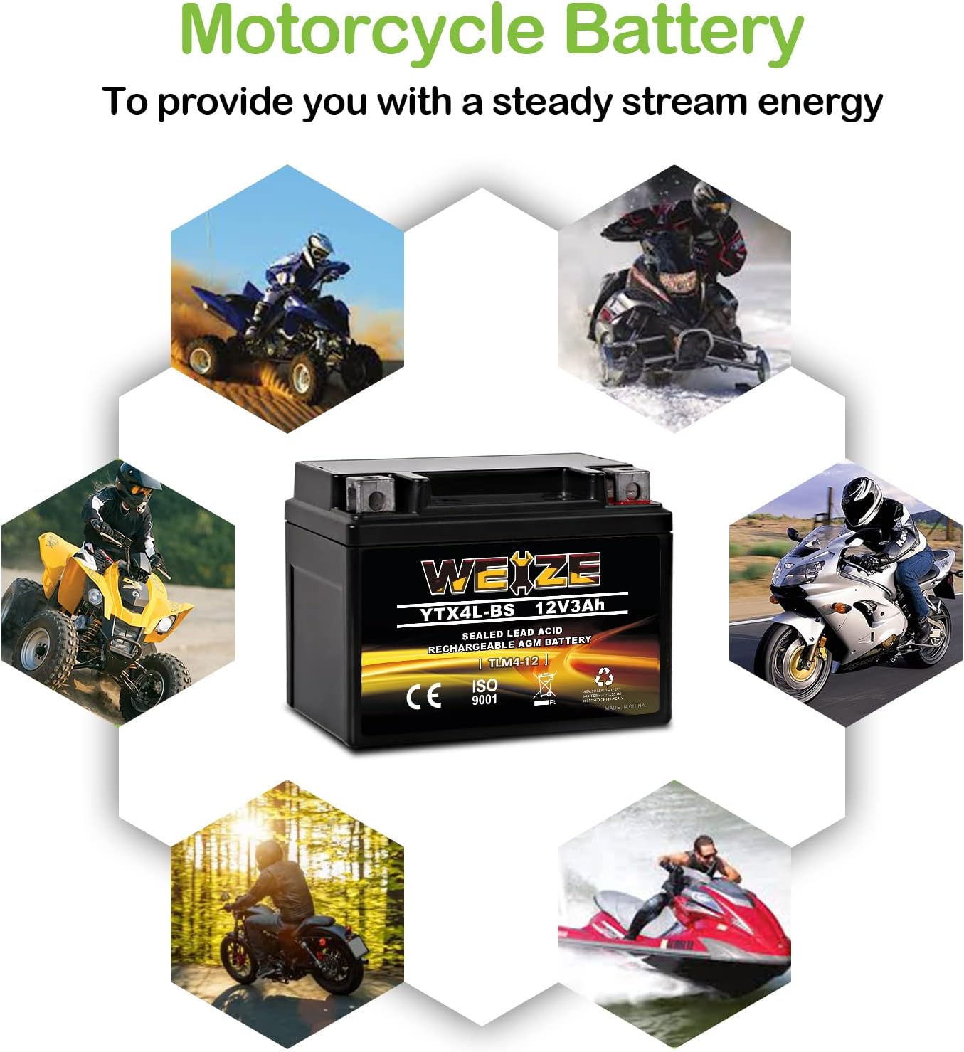 Weize YTX14 BS ATV Battery High Performance - Maintenance Free - Sealed AGM YTX14-BS Motorcycle Battery compatible with Honda Suzuki Kawasaki Yamaha scooter snowmobile