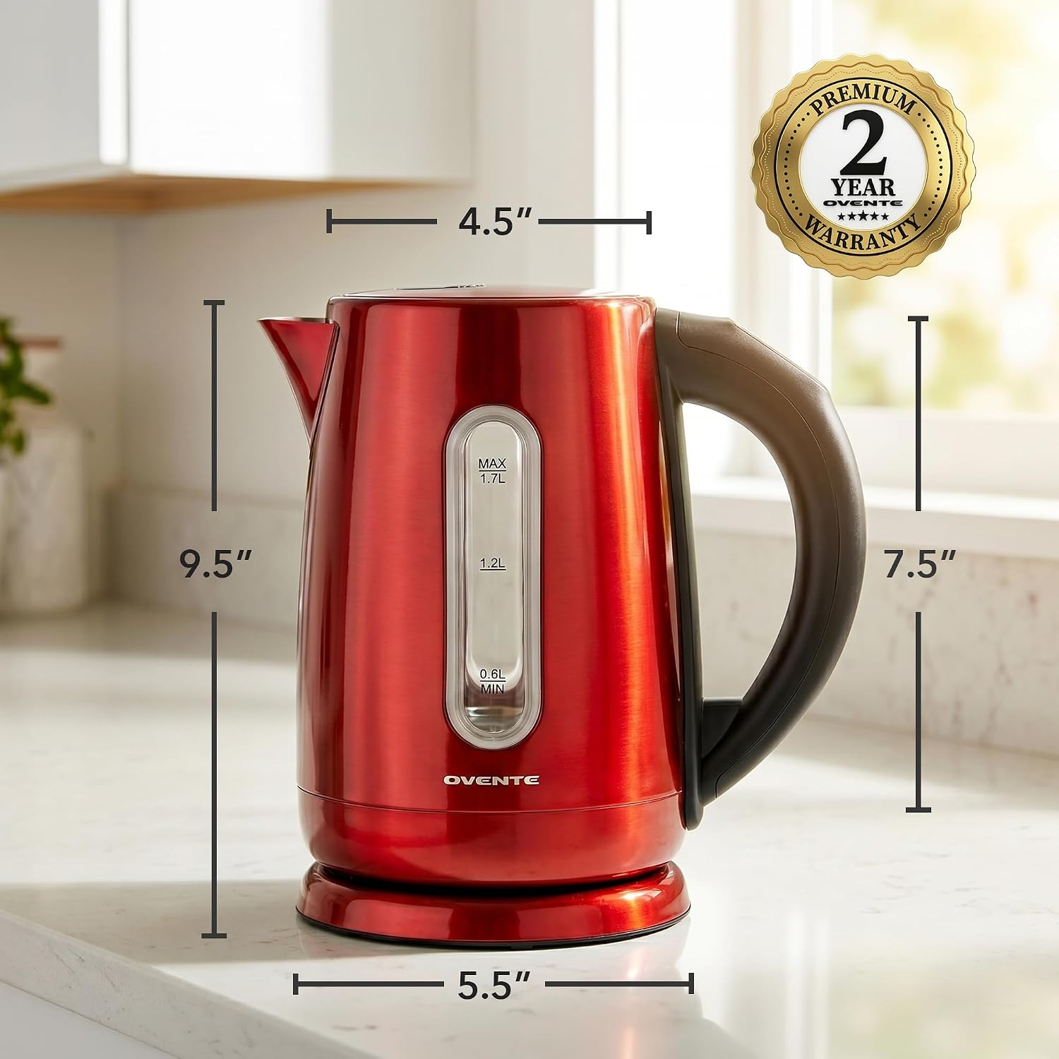 OVENTE 1.7L Electric Kettle with Temperature Control, 1100W, Red KS58R | Stainless Steel Water Boiler and Heater, Keep Warm Function, Auto Shut-Off