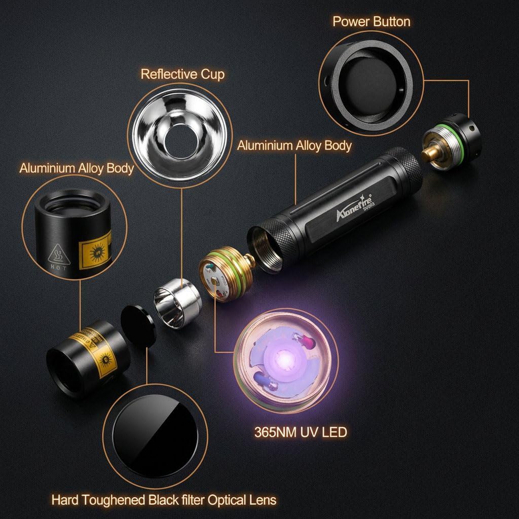 ALONEFIRE SV003 10W 365nm UV Flashlight Portable USB Rechargeable Woods Lamp Black Light for Pet Urine Detection, Resin Curing, Scorpion, Fishing
