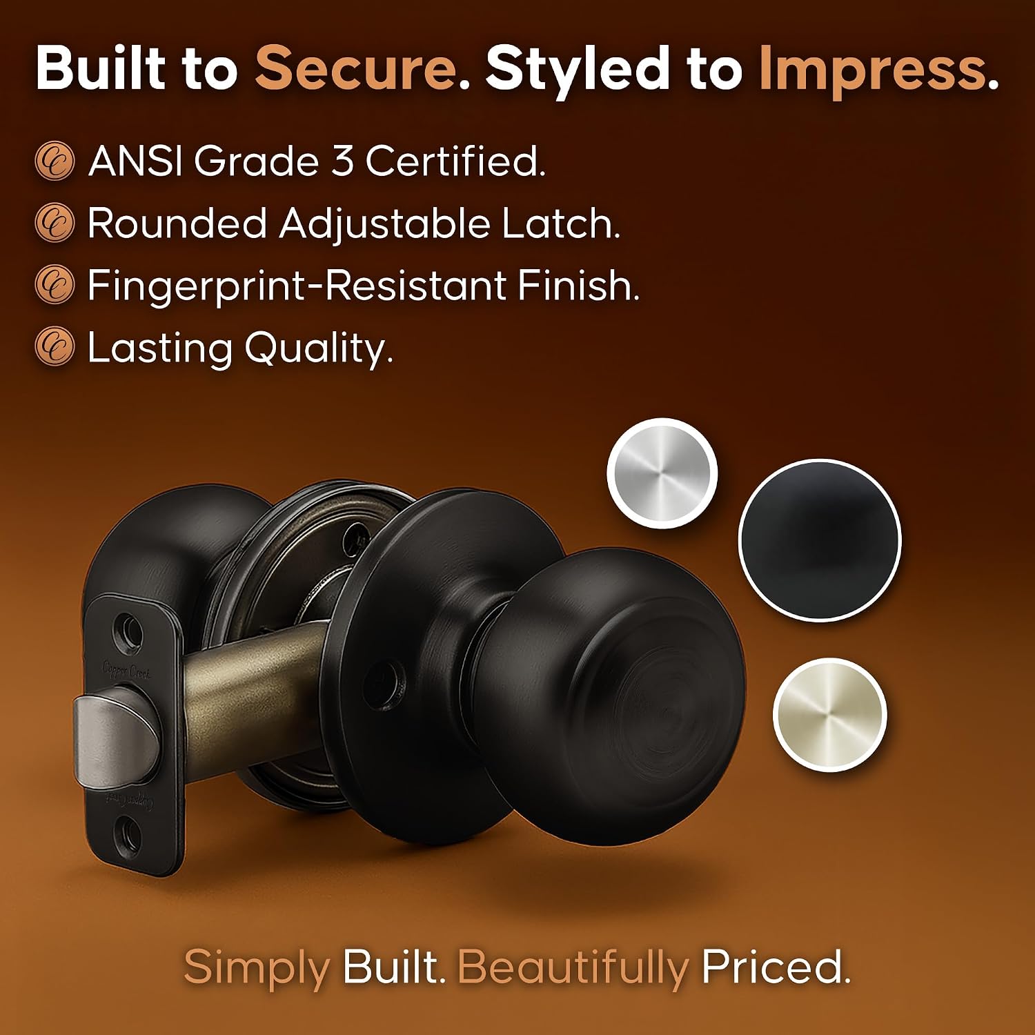 Copper Creek Colonial Privacy Interior Door Knob – ANSI Grade-3 Certified, Modern Heavy Duty Handle, Easy Install and Reversible for Bedroom, Bathroom and Closets – Satin Stainless (1 Pack)