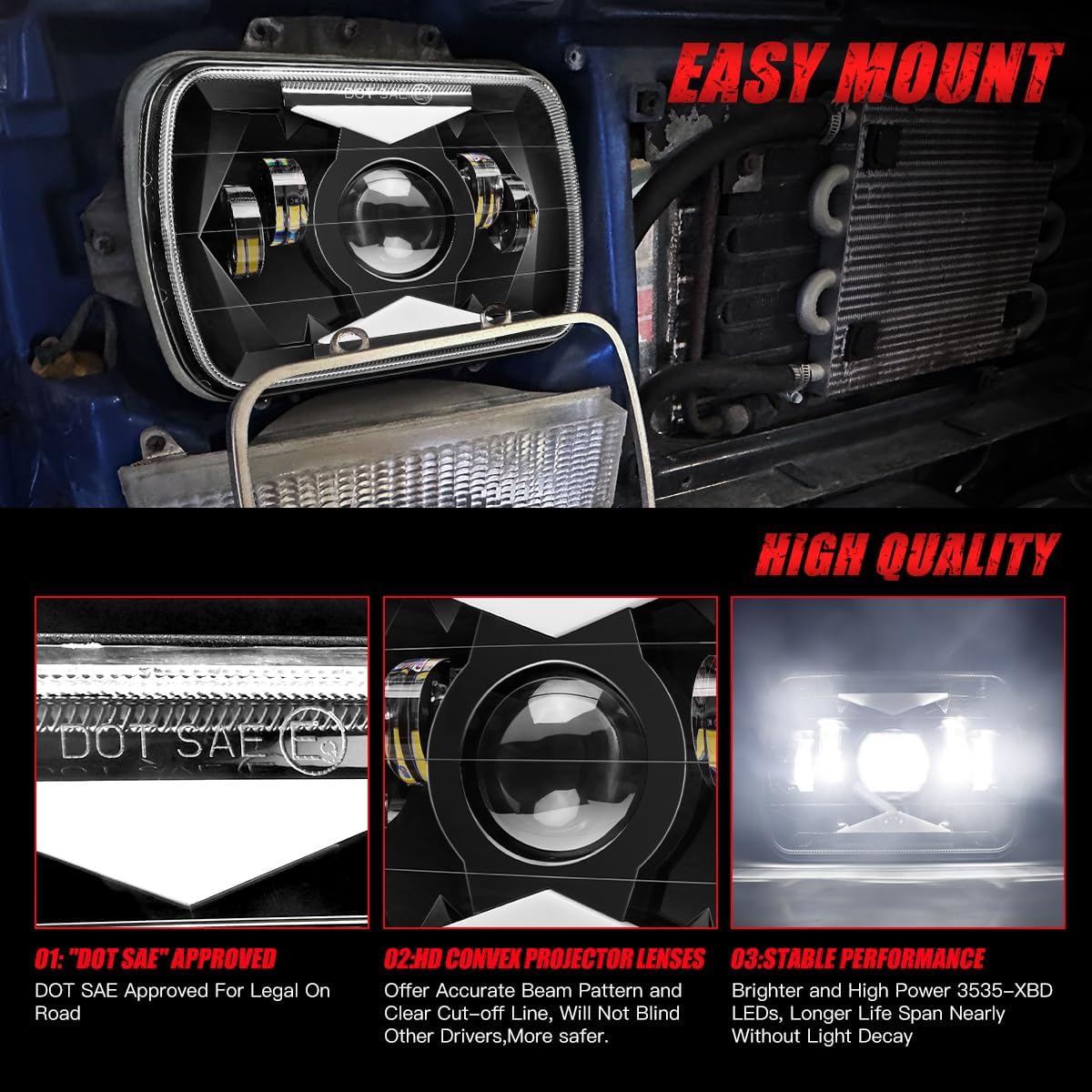 5x7 LED lights Dot Approved Rectangle 7x6 LED 2PCS with Hi/Low Sealed Beam For Trucks Jeep Cherokee XJ Ford Van Replacement 6054 H5054