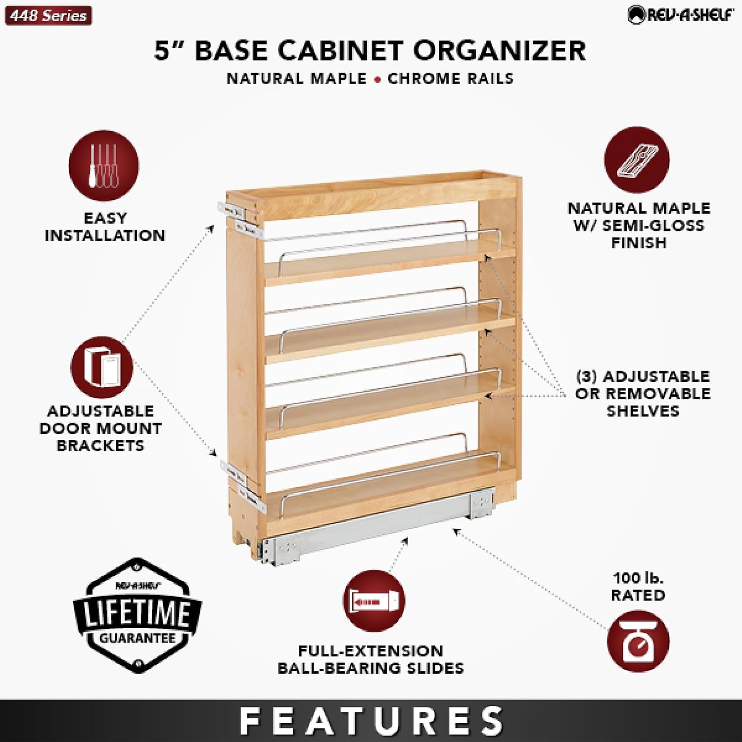 Rev-A-Shelf Pullout Kitchen Cabinet Organizer, Min Cabinet Opening 8.5" W | 8" W Slide Out Pantry Spice or Utensil Storage Rack with Adjustable Shelves for Base Cabinet Organization, 448-BC-8C
