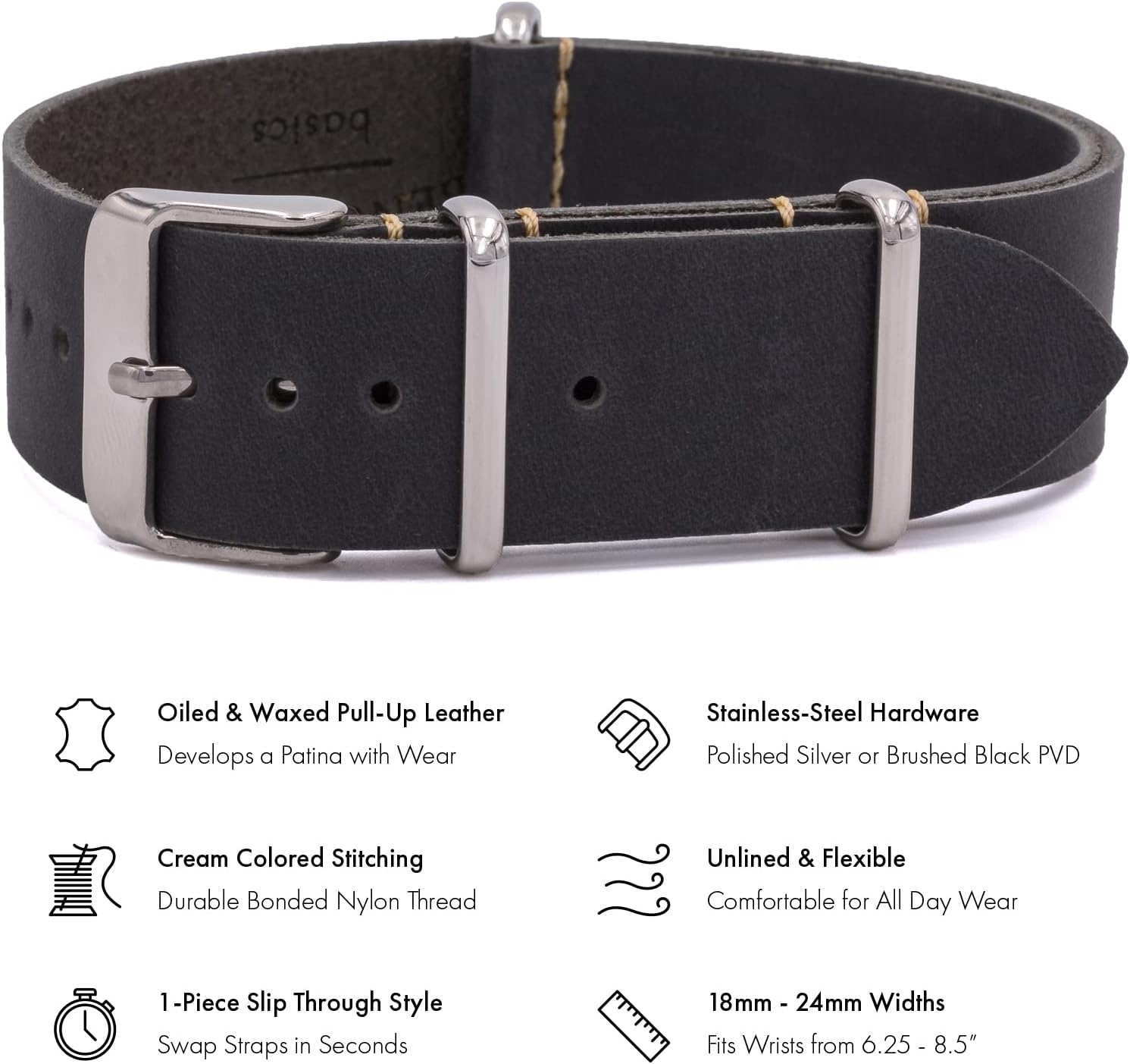 Benchmark Leather Watch Band - Crazy Horse Oiled Leather One-Piece Watch Straps for Men or Women - 18mm, 20mm, 22mm or 24mm Widths