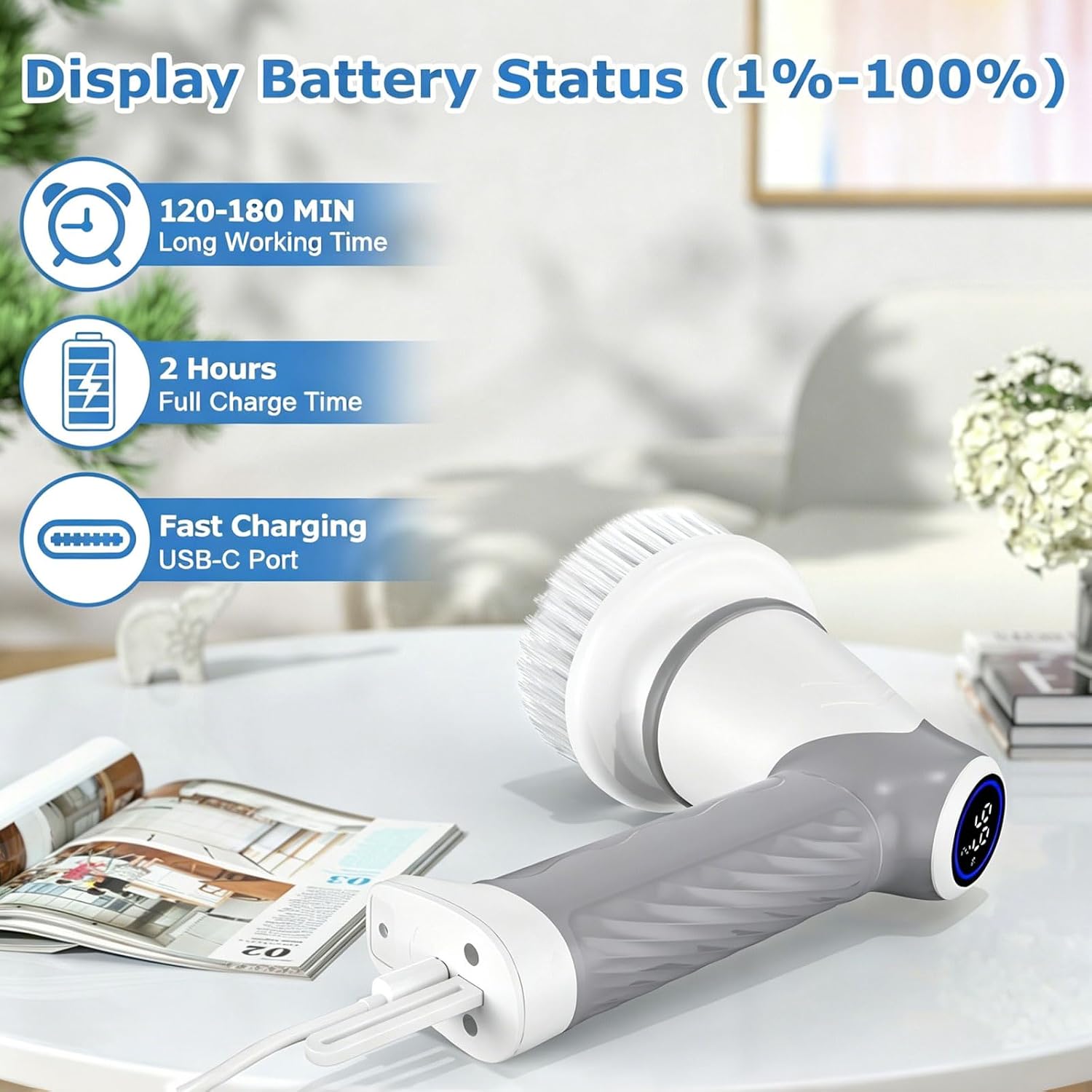 DAESUNG Electric Spin Scrubber, Cordless Power Scrubber & Electric Cleaning Brush with 7 Replaceable Heads, Dual Speed IPX7 Waterproof Handheld Scrubber for Bathroom, Shower & Tile Cleaning