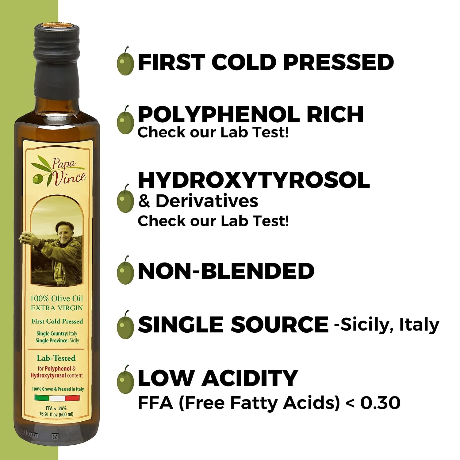 Papa Vince Hydroxytyrosol Lab-Verified Olive Oil - Drinking EVOO, Fresh Taste, High in Polyphenols, First Cold Press, Family Harvest, Sicily, Italy