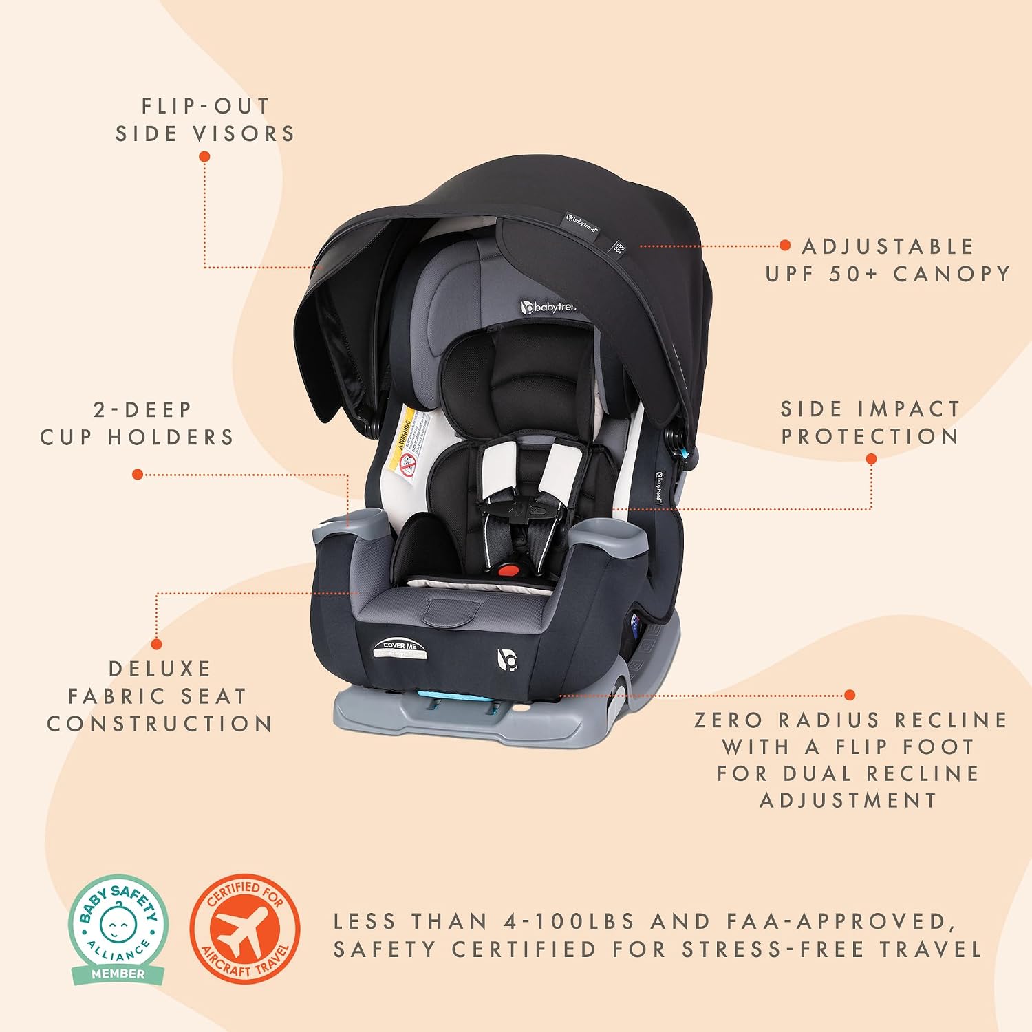 Baby Trend Cover Me™ 4-in-1 Convertible Car Seat, Vespa – Built-in Canopy, 4-Stage Growth System, Plush Comfort Padding, Multi-Position Recline