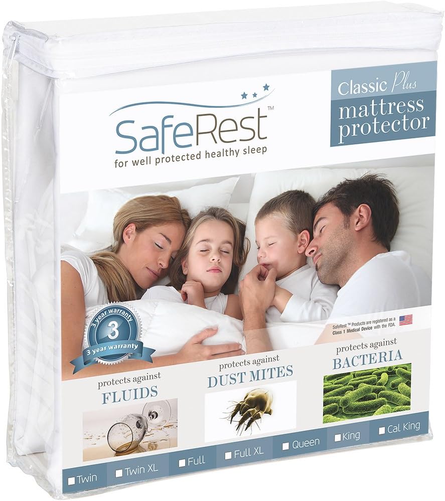 SafeRest Waterproof Queen Size Mattress Protector | Fitted with Stretchable Pockets, Machine Washable Cotton Blend Mattress Cover for Bed