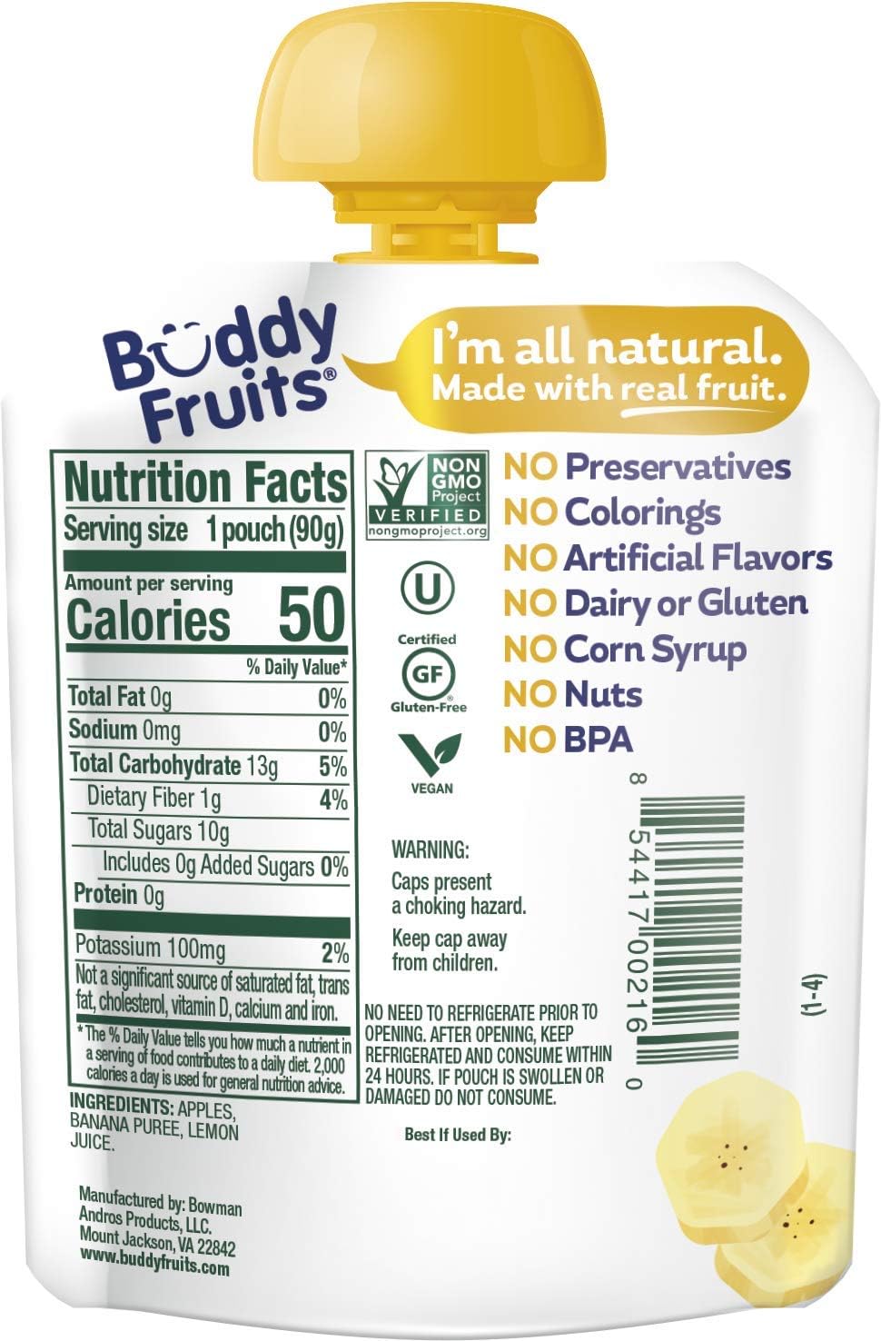 Buddy Fruits Snacks To Go Multifruit Unsweetened Applesauce 3.2oz Pouch (18pk) Gluten-Nut-Dairy-Preservatives-BPA Free, Non GMO, Kosher