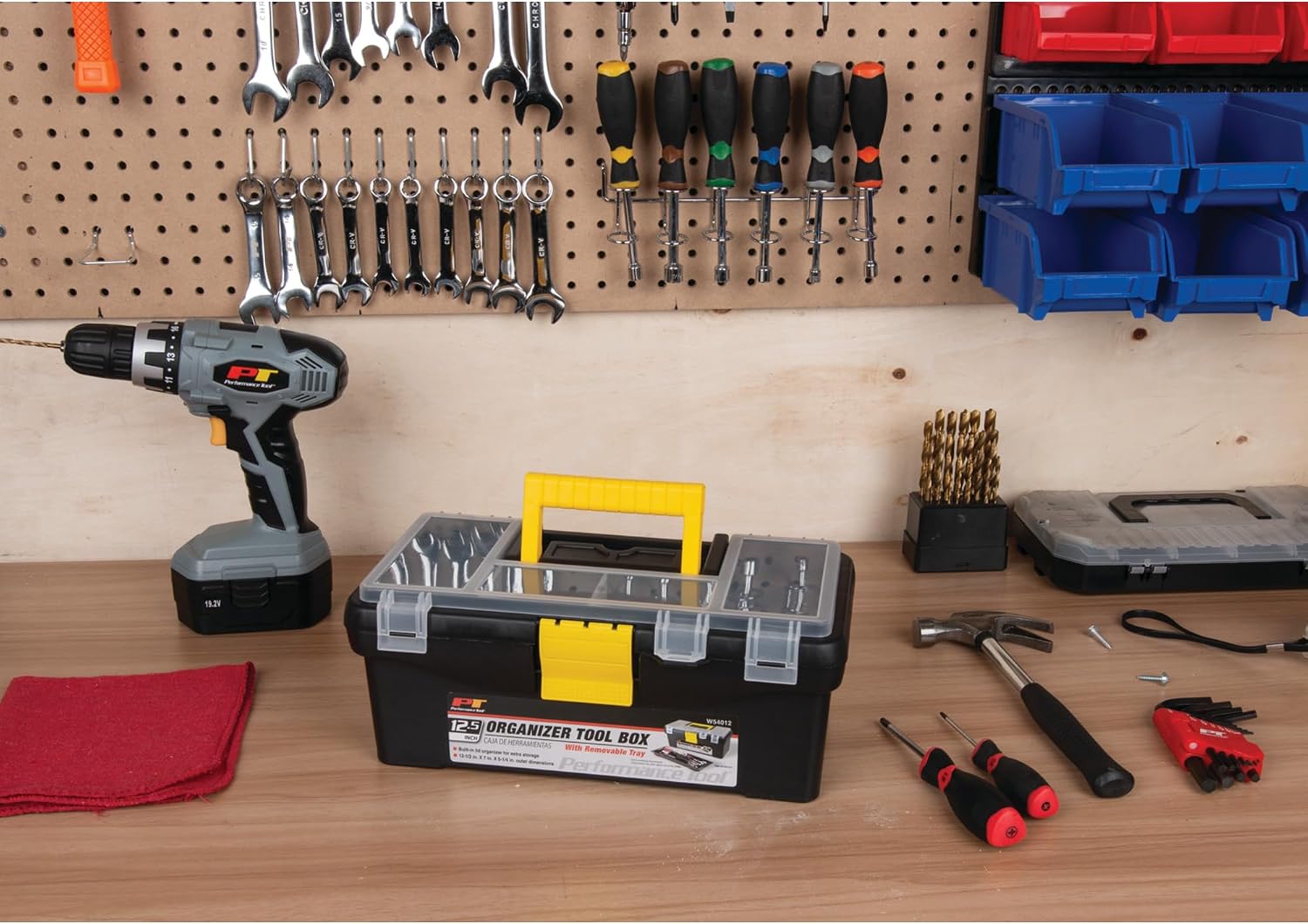 Performance Tool W54026 26 in. Steel Tool Box with Removable Tote | Heavy duty steel storage box and organizer. Recessed ergonomic comfort handle. Strong double latch with padlock eyehole