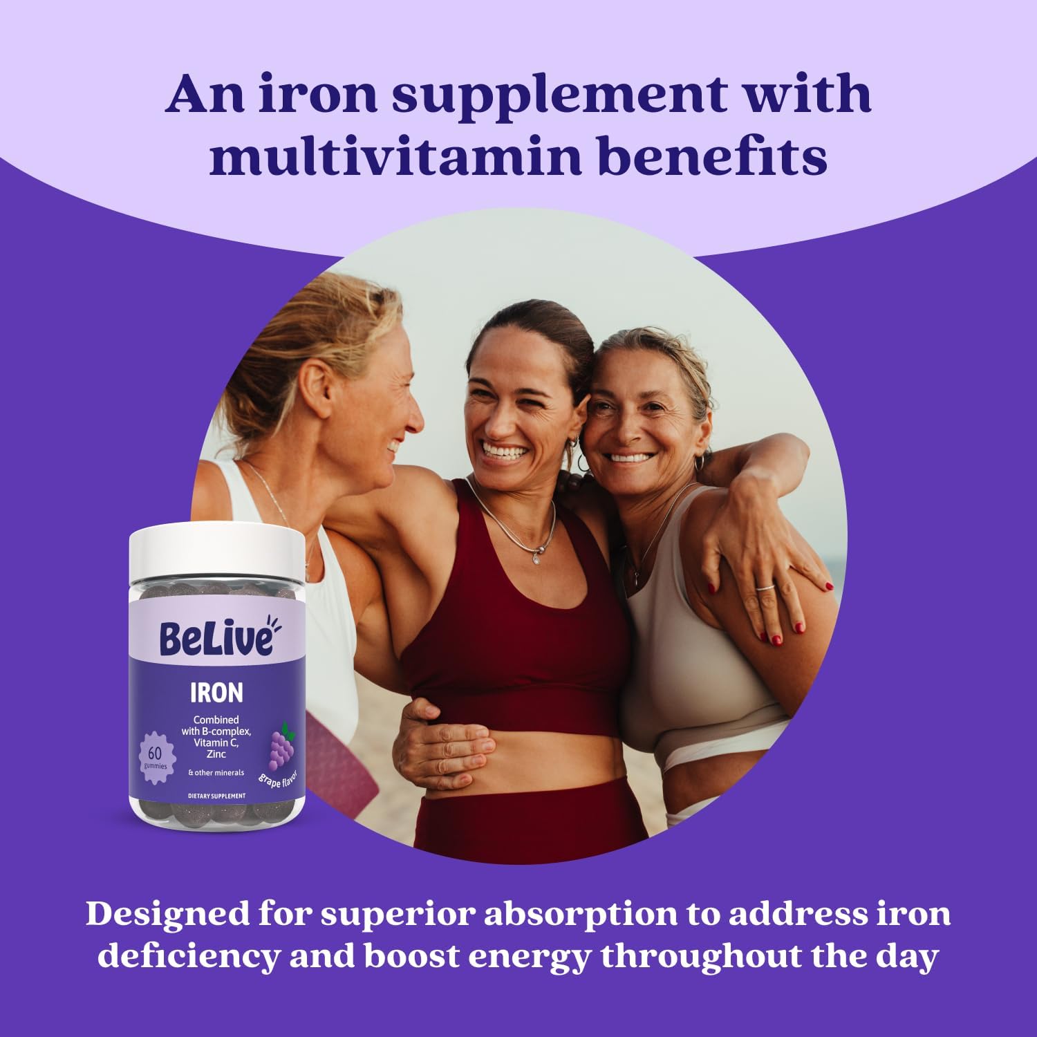 Belive Iron Gummies, Multivitamin Supplement, Blood Oxygen Support, 60 Ct | With Vitamin C, B Complex, Folate, and Zinc for Women, Men & Kids for Growth and Development, Grape Flavor