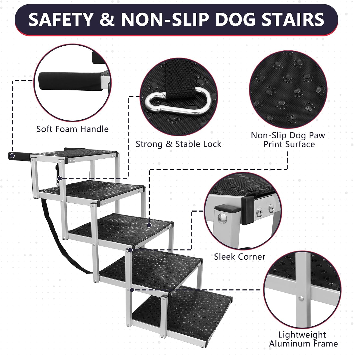 Dog Ramps for Small & Big Dogs Portable Folding Pet Stairs with Nonslip Surface Foldable Truck Ramp Stairs for Car, SUV and Trucks, Supports Up to 250LBS, 6 Steps