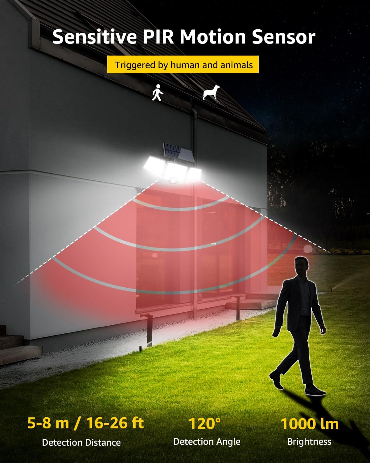 LE Solar Lights for Outside, Solar Lights Outdoor with Motion Sensor, WL4000 High Brightness, 3 Adjustable Heads 270° Wide Lighting Angle