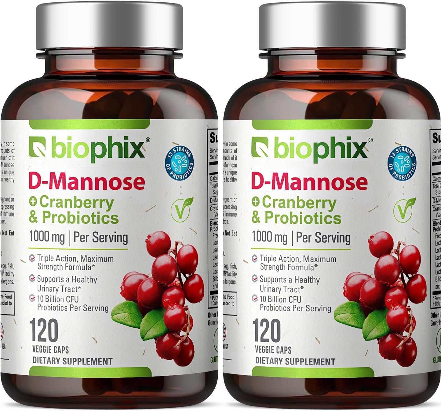 biophix D-Mannose 1000mg Capsules with Cranberry & Probiotics - D Mannose Supplements for Women - D-Mannose Pills for Urinary Tract & Bladder Health Support - Digestive Well-Being - 120 Vcaps