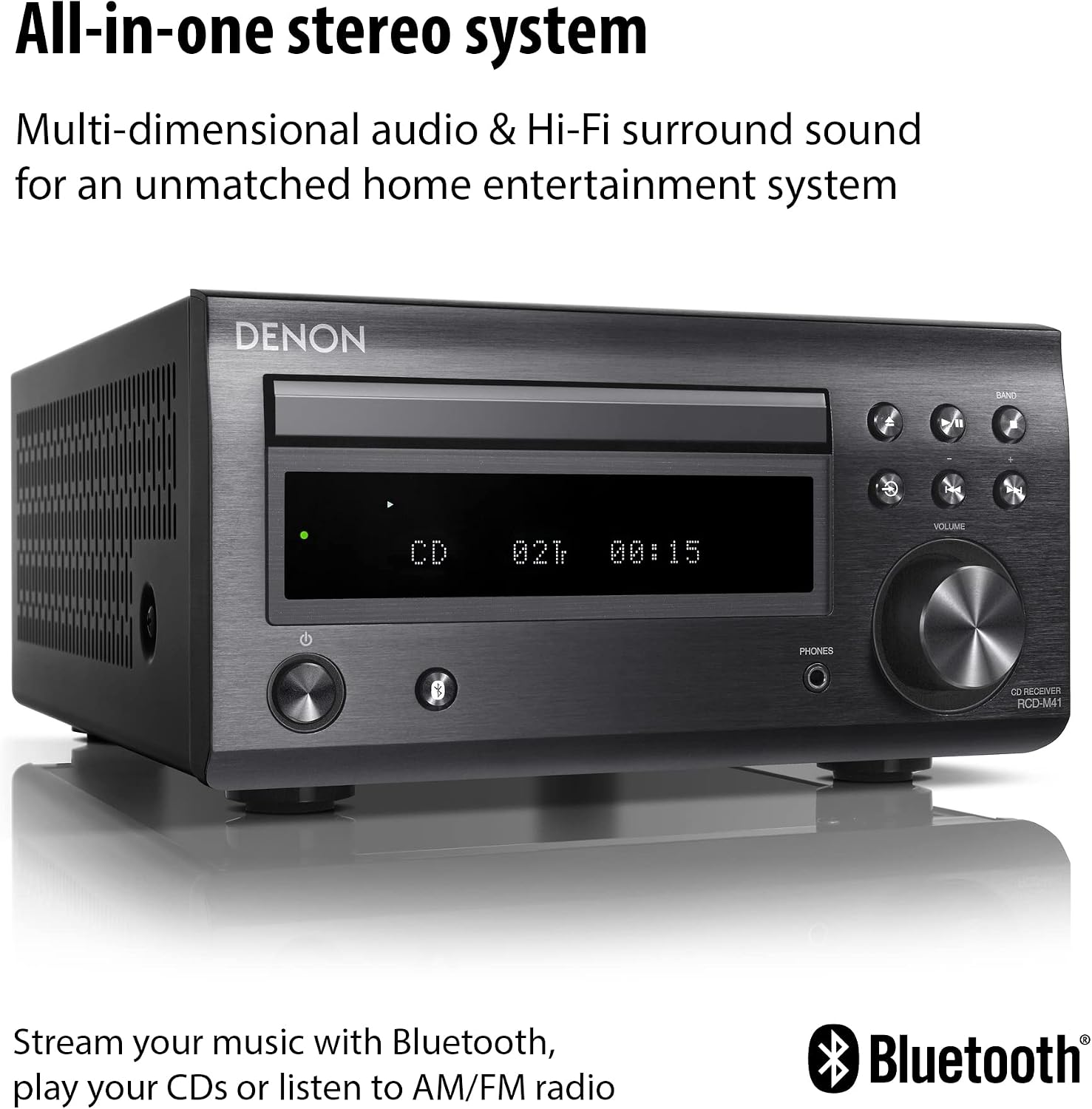 Denon D-M41 Home Theater Mini Amplifier and Bookshelf Speaker Pair | Compact HiFi CD Stereo System with Speakers, FM/AM Tuner, Wireless Bluetooth Amp